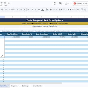 以下が含まれることがあります： Gavin Pompeus's Real Estate Systems Commission Income Trackerというタイトルのデジタルスプレッドシート。インターフェースには、成約日、クライアント、取引タイプ、販売価格、手数料、ブローカー分割、純手数料などの列があり、データが入力されています。