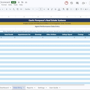 Op de afbeelding: Een digitaal spreadsheet getiteld Gavin Pompeus's Real Estate Systems, Project Success Professional Edition v1.0. De interface bevat een tabel voor gegevensinvoer van agentprestaties met kolommen voor oproepen, berichten, e-mails, afspraken, bezichtigingen, aanbiedingen, noteringen, sluitingen en commissies.