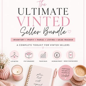 May include: A digital marketing graphic for The Ultimate Vinted Seller Bundle by Kaybe Studio. The design features a light pink color palette with icons for inventory, profit, parcel, listing, and sales tracking. It includes a notebook with the text plan list sell repeat, a pen, a candle, a coffee mug, and a heart-shaped dish with paperclips.