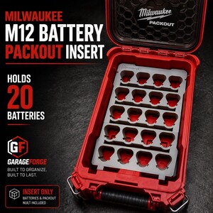 May include: A red Milwaukee Packout storage case containing a grey plastic insert designed to hold 20 M12 batteries. The insert features 20 individual slots arranged in rows. The text on the image reads Milwaukee M12 Battery Packout Insert, Holds 20 Batteries, GarageForge, Built to Organize, Built to Last, and Insert Only.