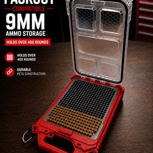 May include: A red and clear plastic storage case for 9mm ammunition with a hinged lid. The interior features a black grid tray holding numerous brass-colored cartridges. Text on the image reads: PACKOUT COMPATIBLE 9MM AMMO STORAGE HOLDS OVER 400 ROUNDS.