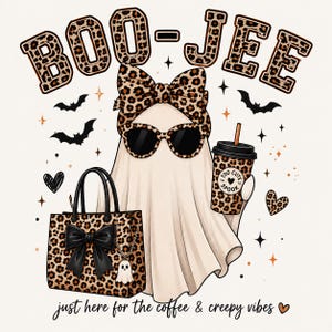 May include: A graphic illustration of a ghost wearing a leopard print headband and sunglasses, holding a leopard print coffee cup with the text 'TOO CUTE TO SPOOK'. The ghost carries a leopard print handbag with a black bow and a small ghost charm.