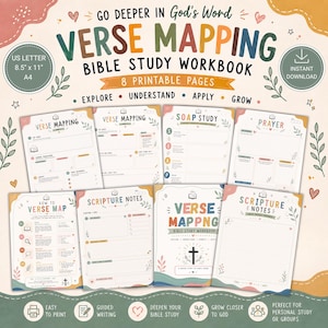 Utskrivbar bibelversmappning, bibelkapitelstudie, versmappningsdagbok, kristna bibelstudiesidor, 8-sidig digital nedladdning