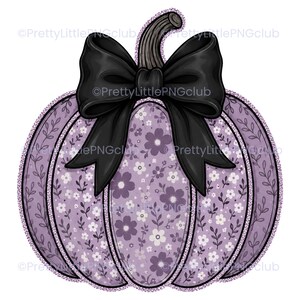 May include: A lavender pumpkin illustration featuring a repeating floral pattern with small white and dark purple flowers on vines. A large, solid black bow is tied around the stem of the pumpkin. The text PrettyLittlePNGclub is visible.