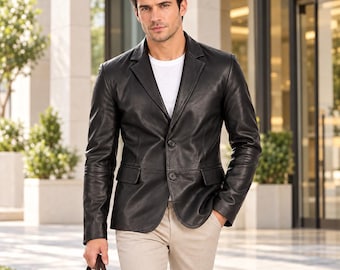 Blazer masculino em couro legítimo, modelo clássico com dois botões, jaqueta formal para negócios, feita à mão, na cor preta.