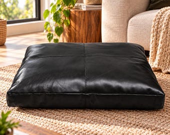 Capa de almofada de chão artesanal em couro genuíno preto, almofada minimalista para sala de estar, cama para animais de estimação ideal para retiro de meditação