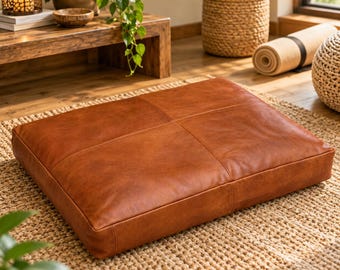 Capa de almofada de chão artesanal em couro genuíno bege, almofada minimalista para sala de estar, cama para animais de estimação ideal para retiro de meditação