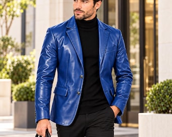 Blazer masculino em couro legítimo, modelo clássico com dois botões, jaqueta social formal feita à mão, azul.
