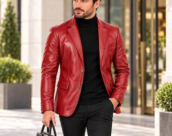 Blazer masculino em couro legítimo, modelo clássico com dois botões, jaqueta social formal feita à mão, na cor vermelha.
