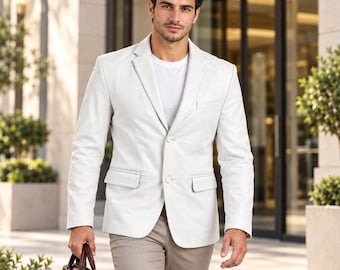 Blazer masculino em couro legítimo, modelo clássico com dois botões, jaqueta social formal feita à mão, branca.