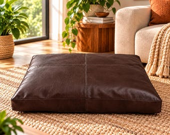 Capa de almofada de chão artesanal em couro genuíno marrom, almofada minimalista para sala de estar, cama para animais de estimação ideal para retiro de meditação