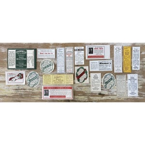 May include: A collection of vintage-style paper labels and advertisements featuring various medicinal and cosmetic products. The rectangular and oval labels display black text on white, cream, and yellow backgrounds with green and red accents.