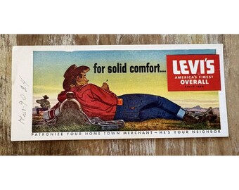 Vintage-Werbeplakat Levis Levi Strauss Overalls Jeans liegender Cowboy