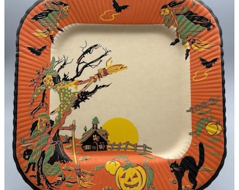 Vintage Reed's 8.5" unused paper Halloween party plate JOL's witches cats 1950s