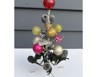 Vintage Christmas decor foil silver leaf mercury glass ball pinecone tree Japan