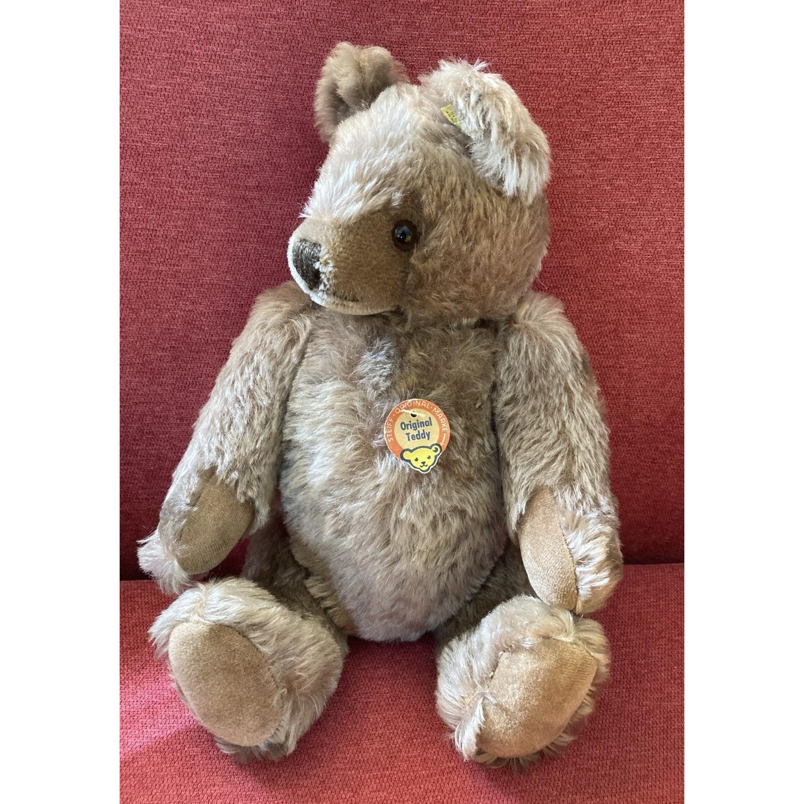 Vintage Steiff Original Teddy brown mohair bear plush hang tag button 202 41 EUC