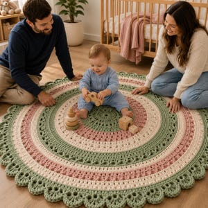 May include: A large, circular, crocheted rug featuring concentric rings in shades of sage green, dusty rose, and cream. The rug has a decorative scalloped edge and a textured, open-work pattern throughout, providing a soft surface for play.