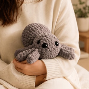 Könnte beinhalten: Ein Plüschspinnenspielzeug aus weichem, grauem Garn mit einer strukturierten, grob gestrickten Optik. Die Spinne hat einen abgerundeten Körper, acht kurze Beine und zwei große, glatte, schwarze Kunststoffaugen an der Vorderseite des Kopfes.
