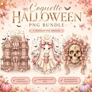 Könnte beinhalten: Ein digitales Grafikpaket mit dem Titel Coquette HALLOWEEN PNG BUNDLE, das drei Illustrationen enthält: ein rosa Spukhaus, ein Geist mit Schleife, der ein Getränk hält, und ein Totenkopf, verziert mit rosa Schleifen und Blumen.