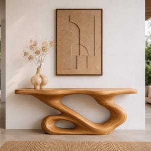 Mesa consola escultural de madera fluida, mesa de entrada moderna y orgánica