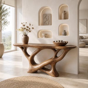 Mesa consola escultural de nogal orgánico, mesa de entrada moderna de madera, mueble de recibidor que marca la diferencia.