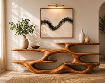 Organic Sculptural Wooden Console Table with Multi-Level Shelves | Modern Entryway & Living Room Accent