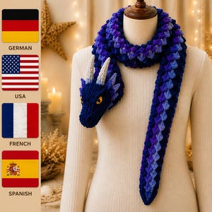 Patrón de bufanda de dragón a crochet en PDF, bufanda de cuello de dragón de fantasía, tutorial de bufanda de escamas de dragón, regalo DIY, inglés, alemán, francés, español