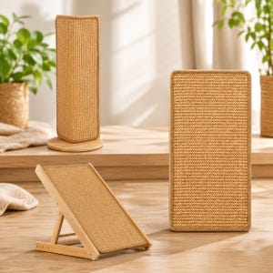 Puede incluir: Un conjunto de tres rascadores de sisal color canela para gatos, que incluye un poste vertical sobre base redonda de madera, un panel rectangular para pared y una rampa inclinada ajustable con marco de madera clara y superficie tejida.