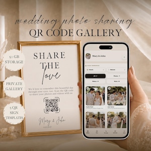 Könnte beinhalten: Ein goldgerahmtes Schild mit dem Text SHARE THE LOVE und einem QR-Code neben einem Smartphone, das eine digitale Fotogalerie mit dem Titel Mary & John anzeigt. Das Schild enthält die Namen Mary & John und das Datum 6.12.2022 mit Text zum Teilen.