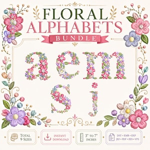 Pode incluir: Um conjunto de bordados digitais intitulado Floral Alphabets Bundle com as letras a, e, m, s e i compostas por motivos florais rosa, roxos e verdes. A imagem inclui bordas decorativas, 9 tamanhos de 3 a 7 polegadas e formatos DST, EMB, EXP, JEF, PDF, PES e VP3.