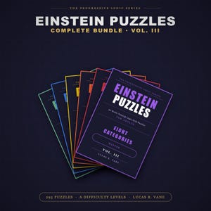 May include: A collection of Einstein Puzzles Complete Bundle Vol. III books arranged in a fan shape. Each cover features a different neon-colored border and text including Einstein Puzzles, 30 Brain-Teasing Logic Grid Puzzles, Eight Categories, and Lucas R. Vane.