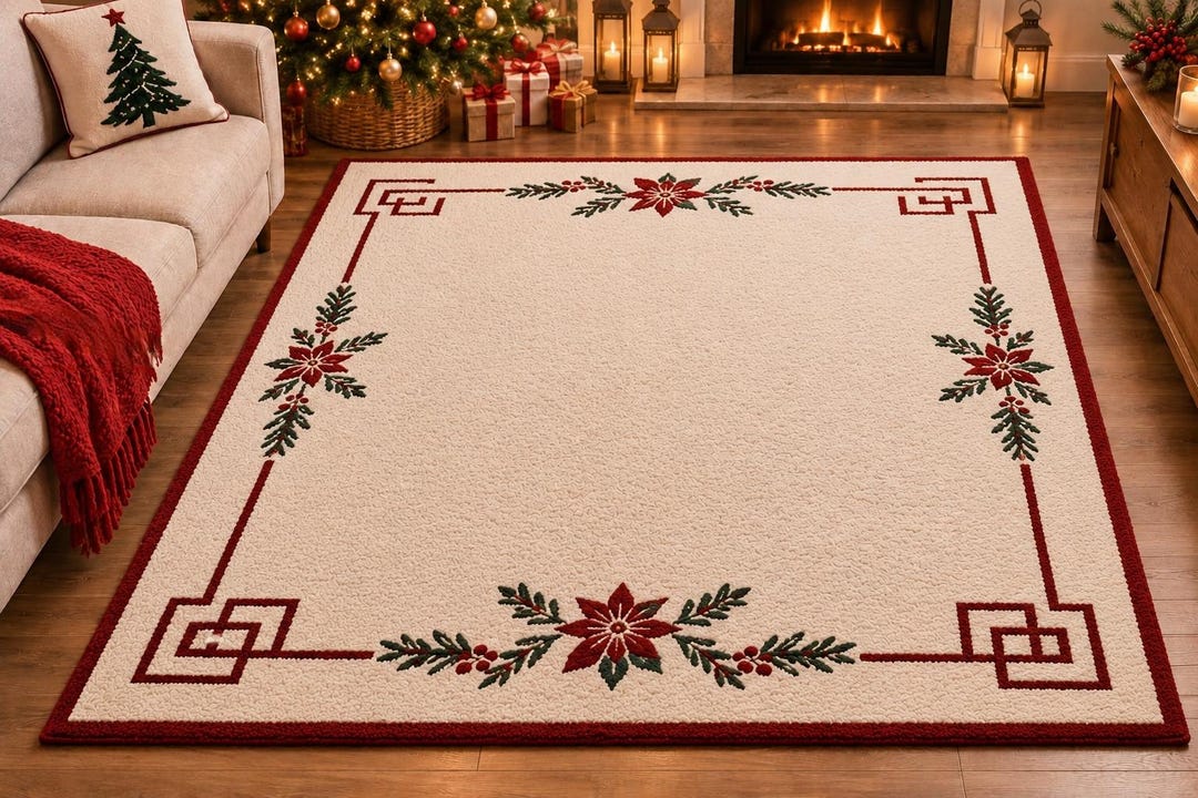 Cream Christmas Area Rug, Red Poinsettia Holly Border, Holiday Living ...