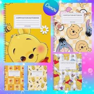 Pode incluir: Cinco cadernos espirais com personagens do Ursinho Pooh. Cada capa exibe o texto COMPOSITION NOTEBOOK e NOTES & IDEAS. Os designs incluem fundos amarelos com abelhas, padrões xadrez com rostos de personagens e estampas quadriculadas.