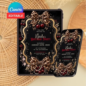 May include: A digital invitation template displayed on a tablet and smartphone, featuring a black background with gold ornate borders, leopard print bows, red cherries, and red lips. The text reads: You are invited to Natalie's Birthday Party.