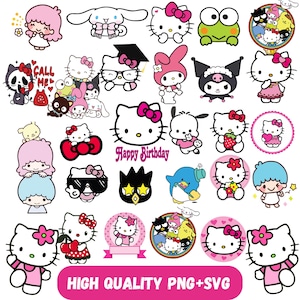 May include: A collection of Sanrio character illustrations featuring Hello Kitty, My Melody, Kuromi, Keroppi, and others in various poses, including a Happy Birthday graphic, with a pink banner at the bottom displaying the text HIGH QUALITY PNG+SVG.