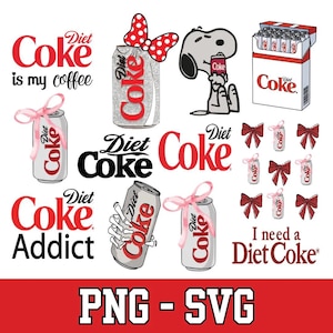 May include: A digital graphic collection featuring Diet Coke branding, including soda cans with pink bows, a glittery can with a red polka dot bow, Snoopy holding a can, a carton of soda, and text phrases like Diet Coke is my coffee and Diet Coke Addict.
