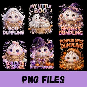 May include: A collection of six digital illustrations featuring cute dumplings in bamboo steamers with Halloween themes, including ghosts, witch hats, pumpkins, and text such as Boo Dumpling, My Little Boo, You're a Spooky Dumpling, Too Cute to Spook, Witchy Dumpling, and Pumpkin Spice Dumpling.