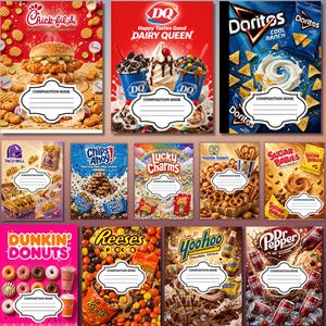 May include: A collection of twelve composition books featuring various food and beverage brand graphics including Chick-fil-A, Dairy Queen, Doritos, Taco Bell, Chips Ahoy, Lucky Charms, Auntie Anne's, Sugar Babies, Dunkin' Donuts, Reese's, Yoo-hoo, and Dr. Pepper.