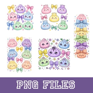 May include: A collection of digital illustrations featuring various pastel-colored, smiling dumpling characters with large eyes, accented by decorative bows, small flowers, and stars. The set includes multiple groupings and a vertical stack of dumplings.