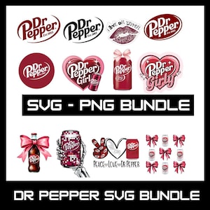 May include: A digital collection of Dr. Pepper themed graphics including logos, soda cans, hearts, bows, and text reading SVG - PNG BUNDLE and DR PEPPER SVG BUNDLE. The designs feature red, pink, and white color schemes with various illustrations.