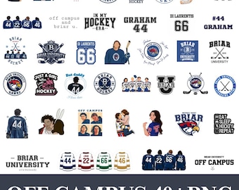 May include: A collection of over 40 digital graphic designs featuring Briar University hockey themes, including illustrations of players, jerseys with numbers 44, 22, 66, and 46, team logos, hockey sticks, and text phrases like In My Hockey Era and Off Campus.
