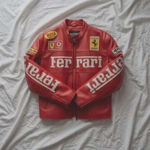 Può includere: Una giacca da corsa in pelle rossa con la scritta Ferrari in bianco sul petto e sulle maniche. La giacca presenta diverse toppe di sponsor, tra cui Bell, Michelin e il logo del cavallino rampante Ferrari sulla parte alta del petto.