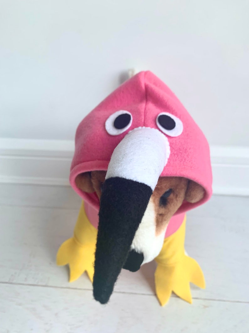 May include: A dog wearing a pink flamingo costume. The costume features a pink hood with large white-rimmed eyes and a white and black beak. The dog's body is covered in a yellow and pink outfit.