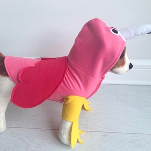 May include: A dog wearing a pink flamingo costume. The costume includes a pink hooded top with a white and black beak, and pink wings. The dog's legs are covered with yellow fabric, resembling flamingo legs.