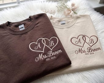 Personalisiertes Braut-Sweatshirt, besticktes „Future Mrs.“-Sweatshirt mit Rundhalsausschnitt, personalisiertes Braut-Sweatshirt mit Nachnamen, Geschenk für die zukünftige Braut, Verlobungsgeschenk