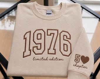 Individuell besticktes Sweatshirt mit Geburtsjahr-Motiv von 1976, Geschenk zum 50. Geburtstag, limitierte Auflage, Rundhalsausschnitt, personalisiertes Geburtstagsgeschenk
