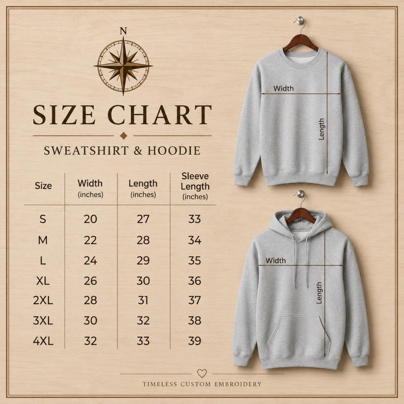 May include: A size chart for a sweatshirt and hoodie featuring a compass icon, text reading SIZE CHART SWEATSHIRT & HOODIE, and a table with measurements in inches. Two grey garments are shown with lines indicating width and length dimensions.
