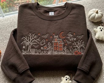 Besticktes Sweatshirt mit Geisterhaus-Motiv, Vintage-Halloween-Pullover mit Rundhalsausschnitt, Gothic-Herbstpullover, Halloween-Geschenk
