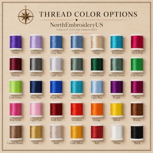 May include: A color chart titled THREAD COLOR OPTIONS by NorthEmbroideryUS featuring a grid of 35 individual spools of embroidery thread in various colors, each labeled with its corresponding color name including violet, lavender, and black.