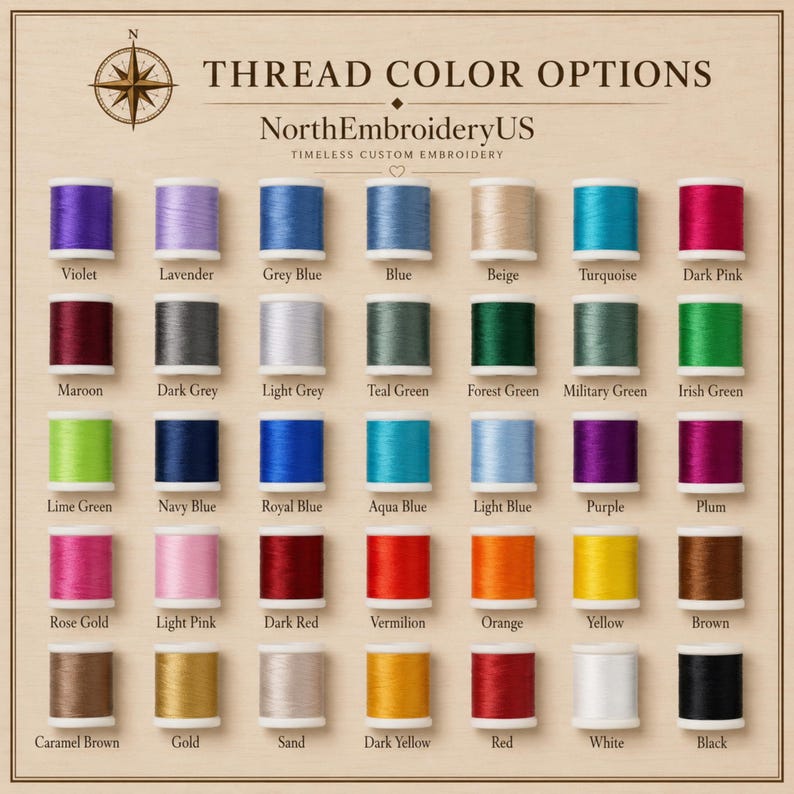 May include: A color chart titled THREAD COLOR OPTIONS by NorthEmbroideryUS featuring a grid of 35 individual spools of embroidery thread in various colors, each labeled with its corresponding color name including violet, lavender, and black.